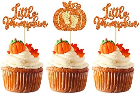 24pc Little Pumpkin Cupcake Toppers - Glitter Pumpkin Cupcake Picks - Baby Shower Decorations - Fall Harvest Theme - Kids Birthday Party Supplies by Ephlyn