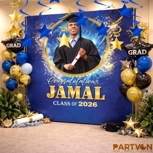 Blue Gold Hanging Swirl Decorations - 32 Pcs Metallic Ceiling Swirls with Foil Stars, Streamers for Graduation 2026, Wedding, Birthday, Nautical Theme, Father's Day, Retirement Party Supplies - Image 2
