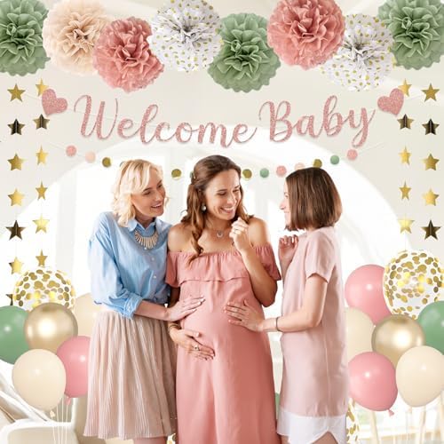 Amandir Sage Green and Pink Baby Shower Decorations Welcome Baby Banner - Image 5