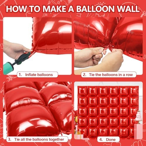 NISOCY 36PCS Metallic Red Square Foil Balloons Wall Backdrop - Image 4