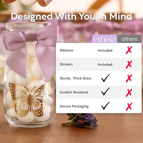 Ethisa Small 24 Pack Butterfly Party Favor Glass Bottles with Ribbons and Stickers - Vintage Baby Shower and Birthday Favors for Guests and Table Centerpieces Decorations - Purple Theme Candy Jar - Image 5