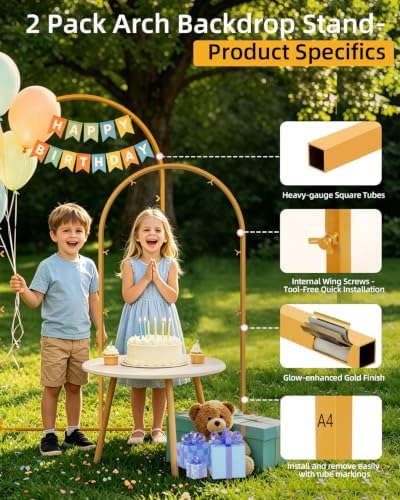 Wedding Arch Backdrop Stand 5FT, 6FT Gold Metal Arch Stand Set of 2, Balloon Arch Stand for Wedding Baby Shower Birthday Ceremony Party Graduation Decoration - Image 3