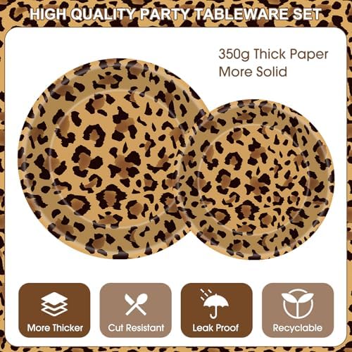 142 Pcs Cheetah Print Birthday Decorations Set - Happy Birthday Banner, Animal Leopard Paper Dinner Plates Napkins Cups, Plastic Tablecloth, Flatware for Cheetah Party Supplies Leopard Birthdays Decor - Image 5