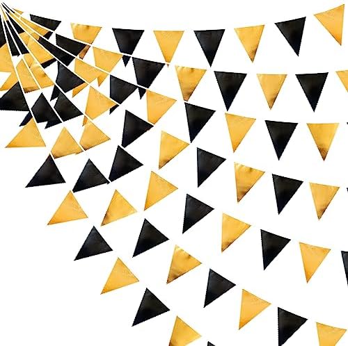 Black and Gold Party Decorations Triangle Pennant Banner Flag Metallic Fabric Bunting Garland for Birthday Graduation Anniversary Wedding Bachelorette Bridal Shower Engagement Hen Party Supplies by pinkblume