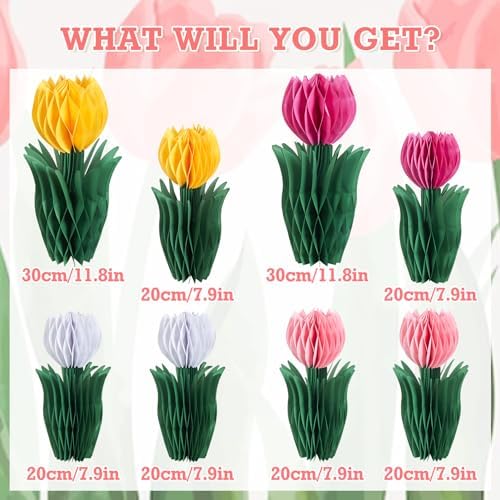 SUNBEAUTY 8 PCS Flower Honeycomb Decor Tulips Table Centerpieces Spring Decoration for Home Office Paper Flower Tulip Honeycomb Decor for Garden Party, Mother's Day Decoration - Image 3