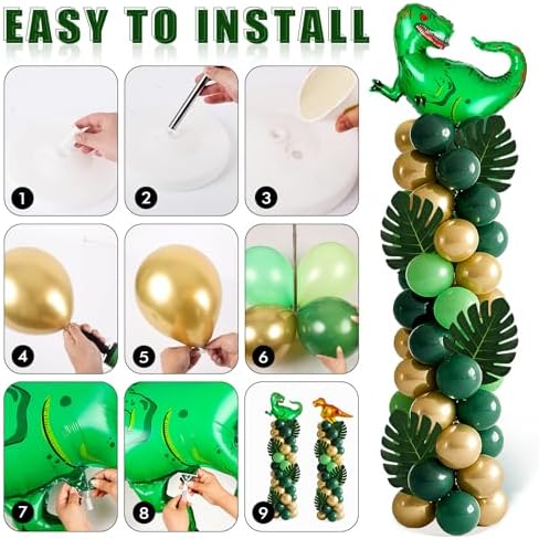 2 Sets Dinosaur Balloon Column Stand Kits Adjustable Green Gold Balloons Column Kit with Monstera Jungle Dinosaur Themed Tower Stand Kit for Dinosaurs Birthday Kids Baby Shower Party Supplies - Image 5
