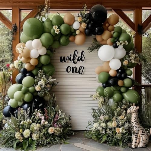 Black Sage Green Nude Balloon Garland Double Stuffed Olive Green Sand White Balloon Avocado Apricot Black Latex Arch Kit for Jungle Safari Wild One Birthday Baby Shower Halloween Decorations - Image 4