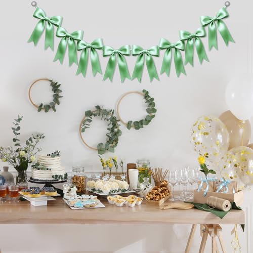 1 String of 8PCS Sage Green Bow Garland Banner Decoration,Pre-Strung Satin Ribbon Ornaments for Birthday,Bachelorette Party,Bridal Shower,Wedding,Engagement,Baby Shower,Graduation Decor,Anniversary - Image 4