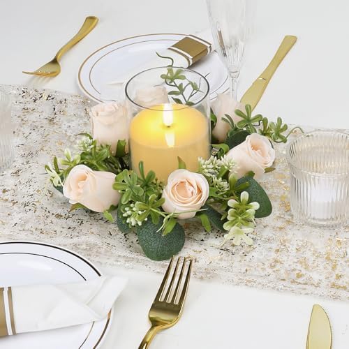 Artificial Roses Candle Rings with Candles, 2 Sets, Champagne - Image 6