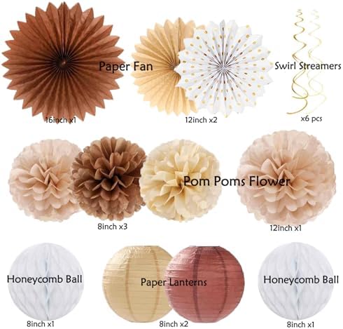 Boho Brown White Birthday Decorations - 62pcs Happy Birthday Banner, Neutral Rustic Paper Lanterns Honeycomb, Hanging Streamers, Tissue Pom Poms Flower Fan, Birthday Decorations for Women Girl Boys - Image 2