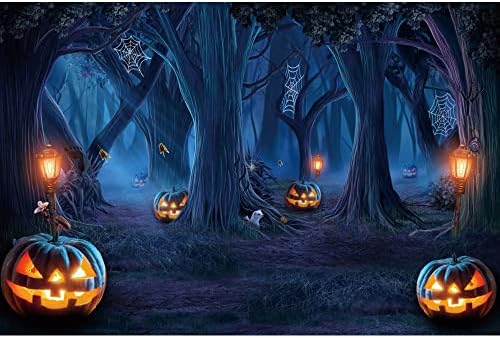 Renaiss Halloween Backdrop Spider Web Trees Grimace Pumpkin Lamp Gloomy Forest Photography Background Creepy Moonlight Woods Halloween Birthday Dress Up Party Decor 5x3ft Photo Booth Props Wallpaper - Image 4