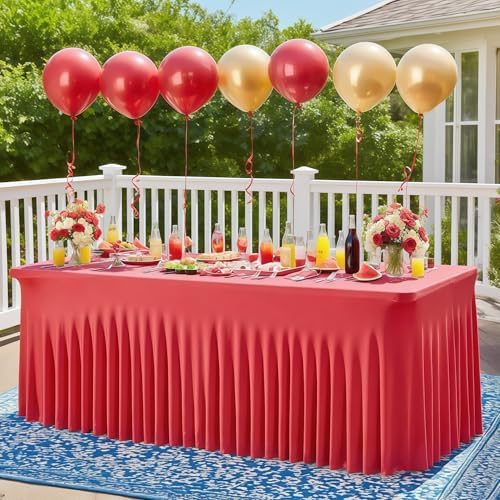 Wish Care 2 Pack Red Spandex Table Clothes for 6 Foot Rectangle Tables, 6FT Wrinkle Free Fitted Tablecloths Ruffles Design Table Cover for Party, Banquet, Wedding and Events - Image 4