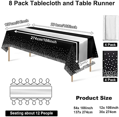 8Pack Disposable Plastic Tablecloths and Satin Table Runner Set Black and Silver Dot Tablecloth Silver Satin Table Runner for Wedding Birthday Baby Shower Anniversary Christmas New Year Party Supply - Image 2