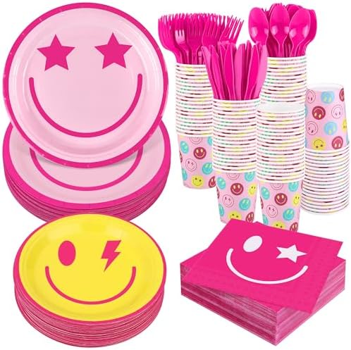 Kochorie 400 Pieces Preppy Smiley Face Party Tableware Set Paper Smile Face Plates Napkins Paper Cups Cutlery for Preppy Birthday Party Decorations Baby Shower Decor, Serve 50 Guest by Kochorie