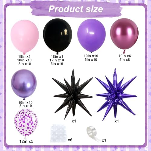Pink and Purple Balloon Garland Arch Kit, Black Purple Pink Metallic Confetti Latex Party Balloons with Explosion Star Foil Balloon for Girls Bridal Baby Shower Wedding Birthday Party Decorations - Image 2
