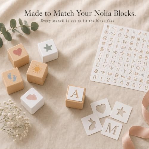 Nolia Stencil Set for Baby Shower Blocks - 100 Reusable Letter, Number & Icon Stencils for Decorating Wooden Baby Blocks, Easy Guest Activity & Keepsake Add-On - Image 3