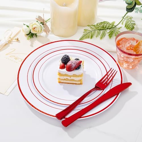 WELLIFE 350 Pcs Red Plastic Plates for 50 Guests - Plastic Dinnerware Set,Valentines Party Supplies Includes 100 Red Plates,150 Silverware,50 Napkins,50 Cups, Valentines Plates - Image 7