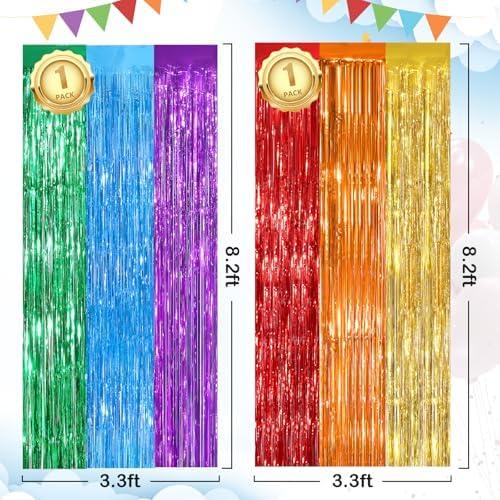 Rainbow Party Backdrop, 2Pack 3.3x8.3Ft Metallic Tinsel Foil Fringe Curtain - Image 2