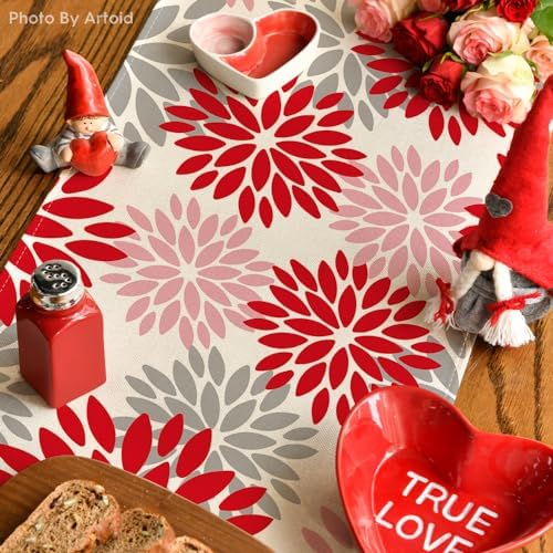 Artoid Mode Red Pink Dahlia Floral Pinnata Christmas Table Runner, Valentine Summer Kitchen Dining Table Decoration for Home Party Decor 13x90 Inch - Image 4