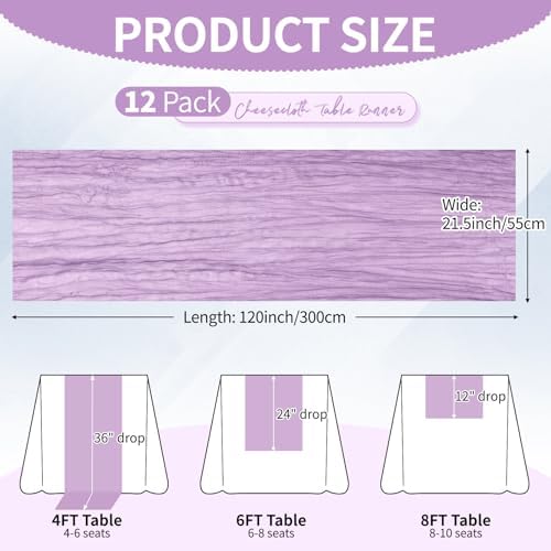 12 Pack Lavender Cheesecloth Table Runner 10Ft, Lilac Purple Table Runners 21.5 x 120 inch,Semi Sheer Cheese Cloth Fabric Runner Bulk for Wedding,Party,Baby Shower,Bridal Shower - Image 2