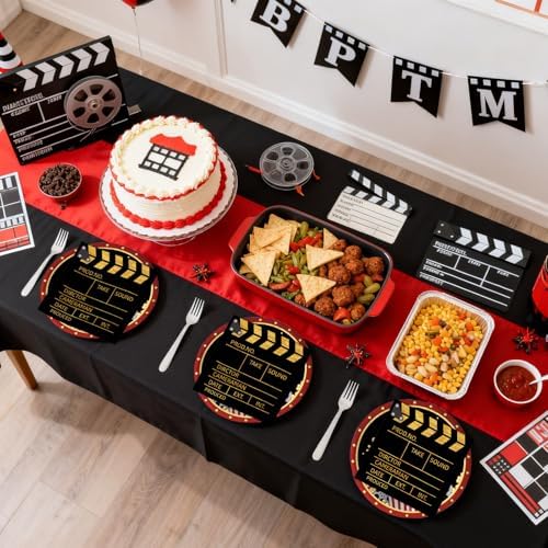 50Pcs Movie Night Plates and Napkins Party Supplies, Disposable Movie Theme Birthday Paper Plates Napkins Tableware Set for Film Action Lights Camera Popcorn Birthday Party Decorations (Movie Night) - Image 6