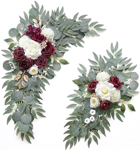 Olalaka Artificial Burgundy Flower Swag Set of 2 for Wedding Welcome Signs Floral Decorations, Wedding Arch Flowers for Wedding Ceremony, Ivory Wedding Flower by Love%C2%A0Every%C2%A0Bit%C2%A0of%C2%A0Life