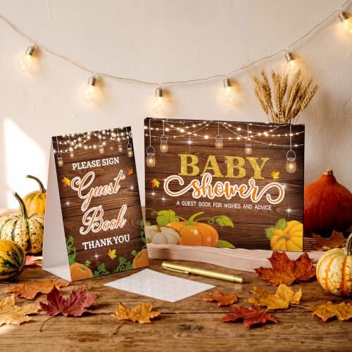 Fuyoooo 27 Pcs Rustic Little Pumpkin Baby Shower Guest Book with Gold Pen - Image 2