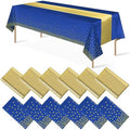12Pack Disposable Plastic Tablecloths and Satin Table Runner Set Blue and Gold Dot Tablecloth Gold Satin Table Runner for Wedding Birthday Baby Shower Anniversary Christmas New Year Party Decorations by MASHAN