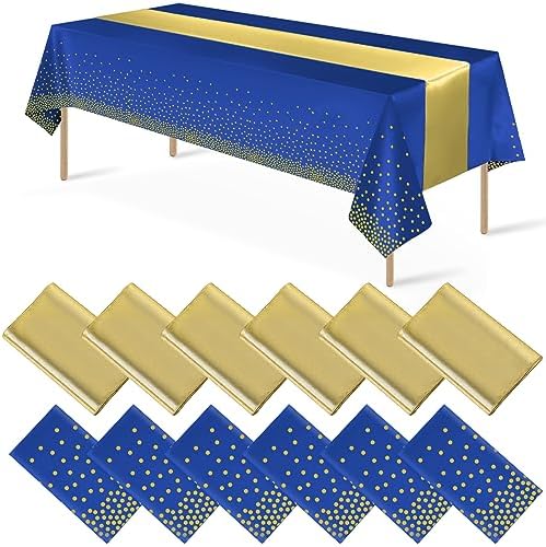 12Pack Disposable Plastic Tablecloths and Satin Table Runner Set Blue and Gold Dot Tablecloth Gold Satin Table Runner for Wedding Birthday Baby Shower Anniversary Christmas New Year Party Decorations by MASHAN