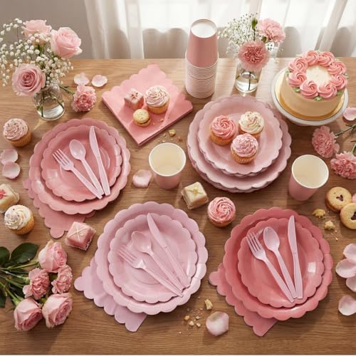 Yaomiao 168 Pcs Dusty Pink Plates and Napkins Set Pink Birthday Supplies - Image 5