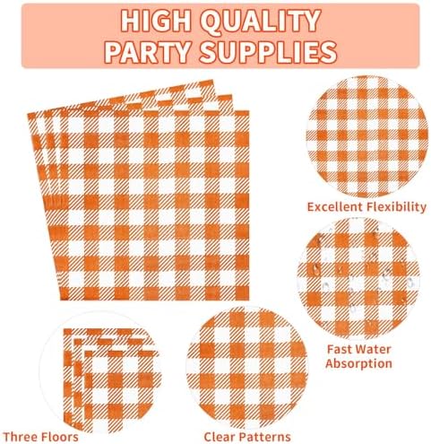 96Pcs Orange Gingham Party Supplies 350GSM Disposable Orange and White Buffalo Checked Paper Plates and Napkins Fall Tableware Set for Thanksgiving BBQ Picnic Baby Shower Birthday Party Decor Serves24 - Image 4