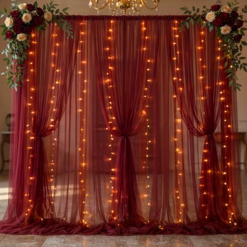 30×10ft Burgundy Tulle Backdrop Curtain with Lights String for Parties, Sheer Photo Backdrop Curtains for Wedding Party Photography Background by WishCare