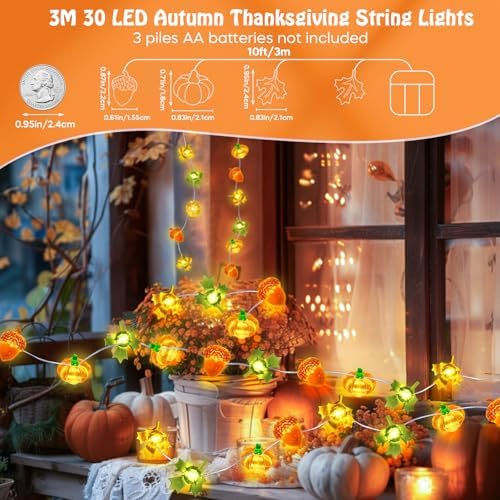 Coquimbo Fall Decor Thanksgiving Lights, 10FT 30 LED Pumpkin Maple Lights - Image 4