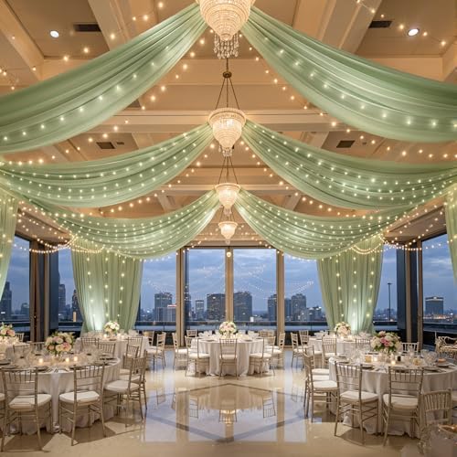 6 Panels Green Ceiling Curtains with Lights for Weddings - 5ftx20ft Wrinkle-Free Tulle Fabric Wedding Arch Draping Ceiling Drapes Decorations for Wedding Party Ceremony Stage Tent Event by Unknown