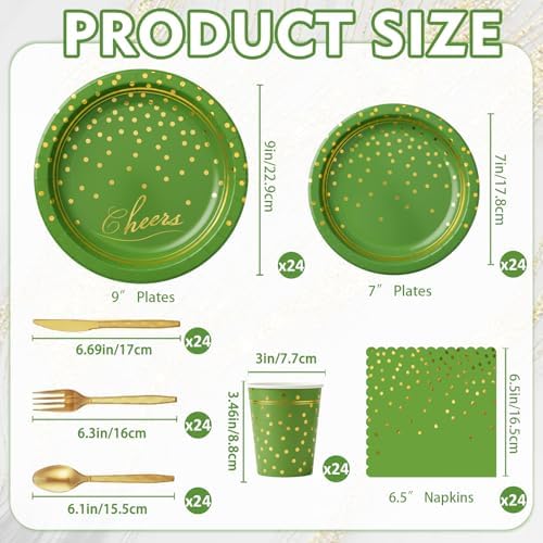 168Pcs Green and Gold Paper Plates and Napkins Party Supplies for 24 Guest - Image 3