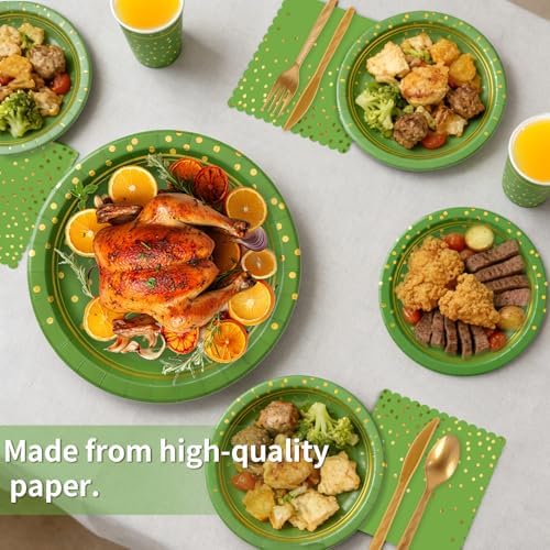 168Pcs Green and Gold Paper Plates and Napkins Party Supplies for 24 Guest - Image 2