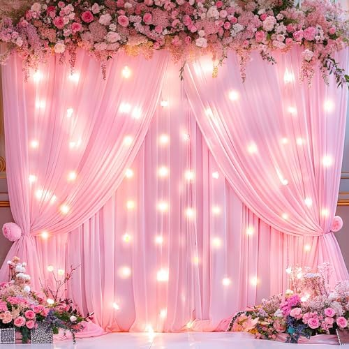 Pink Backdrop Curtain with Lights String for Parties,10x10FT Wrinkle Free Polyester Wedding Photo Backdrop Drapes for Baby Shower Birthday Ceremony Reception Home Party Decorations-5ft x 10ft,2 Panels - Image 3