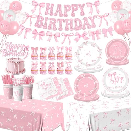 Pink Bow Birthday Party Supplies Serve 24, Coquette Birthday Decorations Include Bow Plates Napkins Cups Banner Tablecloth Cake Topper Balloons Bow Theme Tableware for Girls Bachelorette Decor by Pymurod