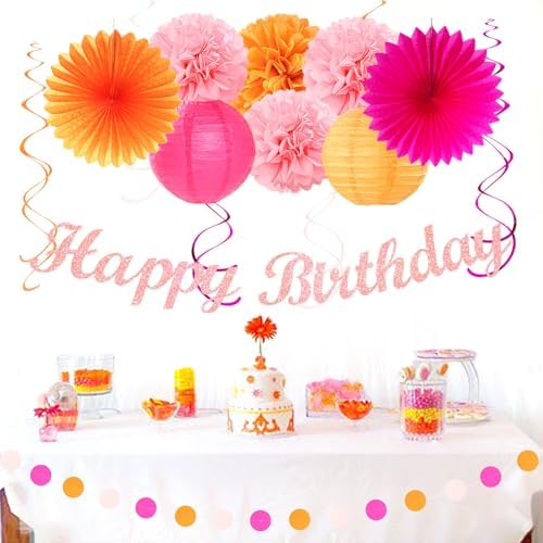 Hot-Pink Orange 21st Happy-Birthday Party-Decorations - 31pcs Sweet 16 18th Women Girls Paper Lanterns Streamers Banner,Tissue Pom Poms Fans Tassels Graland Decor,Fall Boho Backdrop Supplies Hugmoon - Image 2