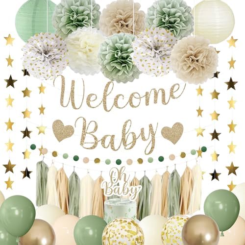 Amandir Sage Green Baby Shower Decorations Welcome Baby Banner by Amandir