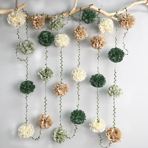 Sage Green Beige Party Decorations Tissue Paper Flowers Pom Pom with Leaf Ribbon Hanging Garland Streamer for Neutral Birthday Wedding Bachelorette Safari Jungle Woodland Party Supplies - Image 7