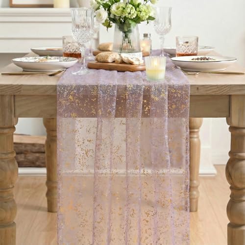 Artoid Mode 10Pcs Grayish Purple Gauze Gold Table Runner 10FT, Glitter Metallic Foil Sheer Dining Wedding Anniversary Holiday Table Decor for Home Party - Image 2