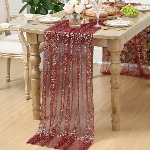 Artoid Mode 10Pcs Burgundy Gauze Gold Table Runner 10FT, Glitter Metallic Foil Sheer Dining Wedding Anniversary Holiday Table Decor for Home Party - Image 7