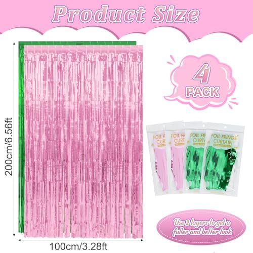 4 Pack 3.3Ft x 6.6Ft Pink and Green Foil Fringe Curtain Backdrop Decorations, Witch Metallic Tinsel Foil Streamers Curtain Photo Booth Background for Witch Wedding Birthday Party Decorations - Image 3