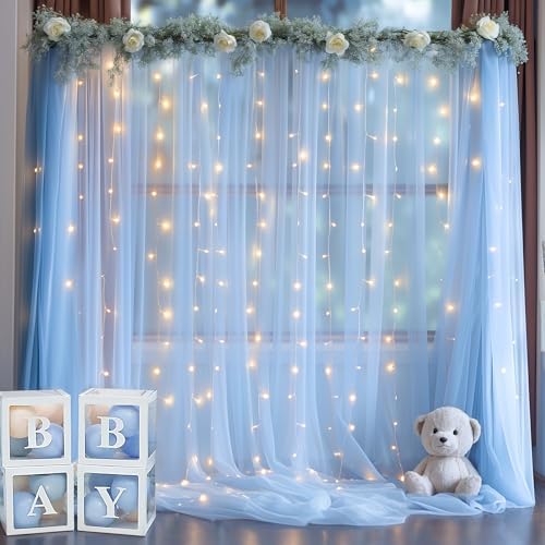 20ft x 10ft Blue Backdrop Curtain with Lights String for Parties, Sheer Tulle Wedding Photo Backdrops Drapes for Baby Shower Birthday Party Decorations Background for Photography - Image 2