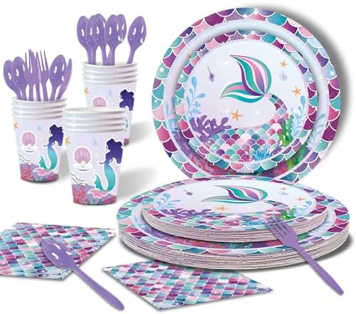 193 pcs Mermaid Birthday Decorations For Girl, Mermaid Party Decorations Supplies Kit, 16 Tableware Sets, Balloon Arch,Disposable Paper Plates - Image 6
