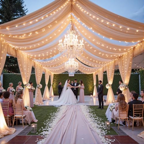 12 Panels Deep Champagne Ceiling Curtains with Lights for Weddings - 5ftx20ft Wrinkle-Free Tulle Fabric Wedding Arch Draping Ceiling Drapes Decorations for Wedding Party Ceremony Stage Tent Event - Image 5