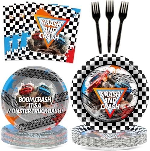 96Pcs Monster Truck Party Plates and Napkins for Monster Truck Birthday Party Supplies Paper Dessert Plates Tableware Set for Kids Boys 24 Guests Birthday Decorations by CHUNNIN