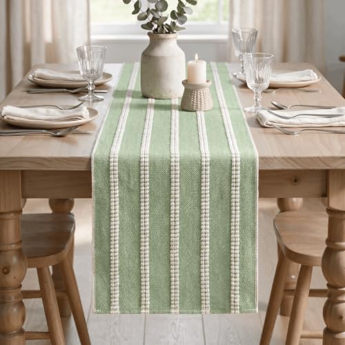 Artoid Mode Sage Green Farmhouse Dashed Stripe Table Runner, Seasonal Holiday Spring Boho Rustic Kitchen Dining Table Decoration for Home Party Decor 12x90 Inch - Image 2