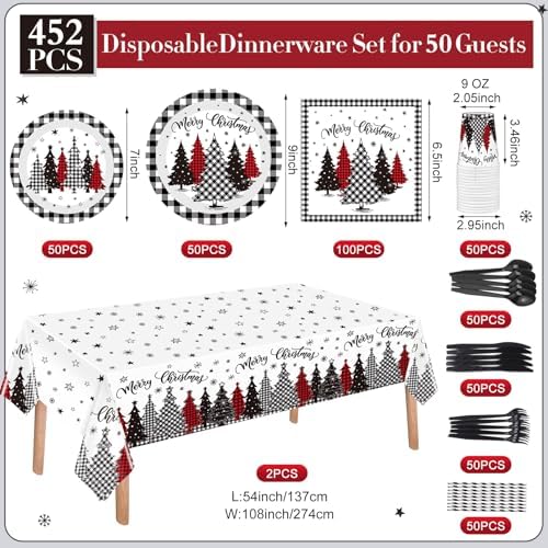 Funnymoom 452 Pcs Christmas Tree Party Supplies for 50, Black Buffalo Plaid Gingham Christmas Paper Plates Napkins Cups Tablecloth Cutlery Straws Tableware Set for Xmas Holiday Party Decorations - Image 3